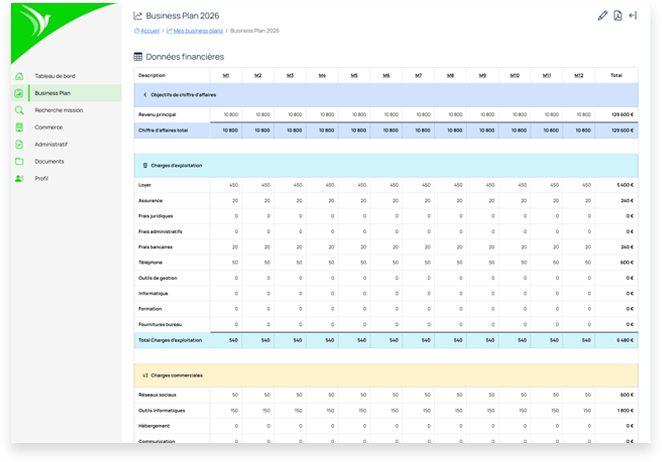 Business Plan module interface